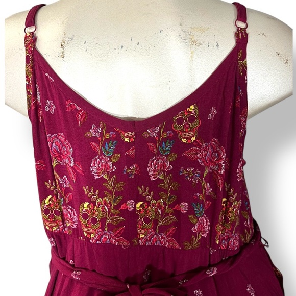 TORRID Maroon Red Sugar Skull Floral Print Belted Tank Midi Dress 3 3X - Picture 8 of 12